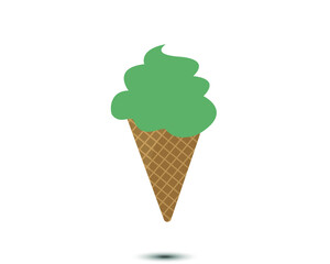 Green tea ice cream in brown waffle cone with drop shadow in white background