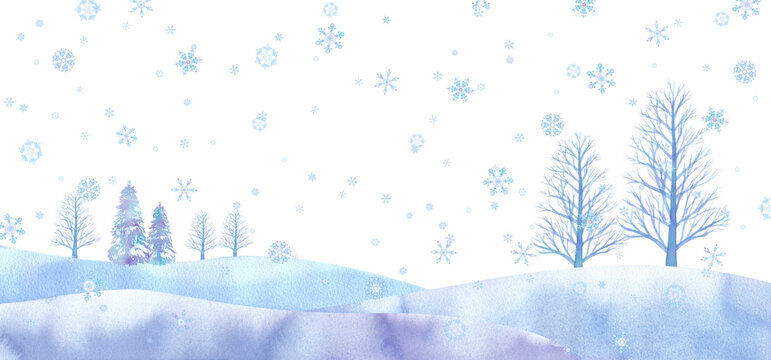 幻想的な冬の平原イメージ。水彩イラスト。白背景。

