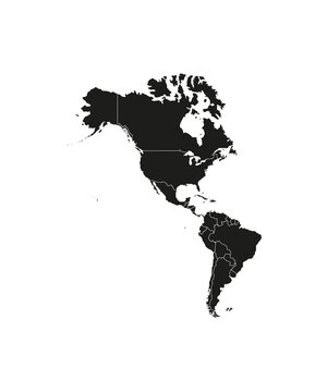 North, South America with country borders, vector illustration.