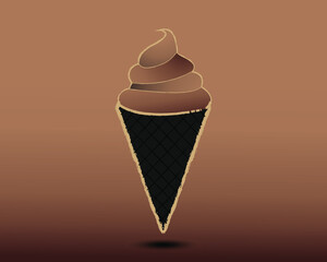 Chocolate ice cream with different soft brown chocolate layers in brown and black trim black charcoal waffle cone with drop shadow in brown background