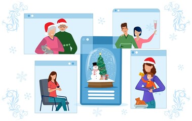 Online Christmas celebration people phone screen. Vector illustration of computer and smartphone screens with people. Online dating winter celebration crystal snowglobe. Internet technology invitation