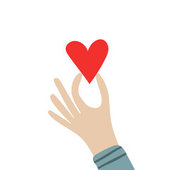 Time to love a hand-drawn vector illustration isolated on a white background. The hand holds a red heart between the thumb and forefinger. Valentine's day is a symbol of a romantic holiday.