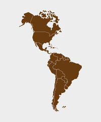 North, South America with country borders, vector illustration.
