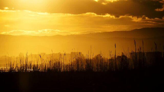 Dark clouds at sunset over sea beach. Nature, coastal landscape. Capi Corb, Mediterranean coast of Spain.