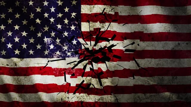 Aged And Dirt Textured American Flag Broken Crumbles Into Small Pieces