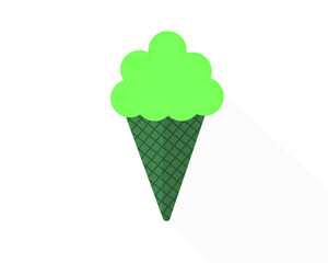 Green tea ice cream in brown waffle cone with drop shadow in white background