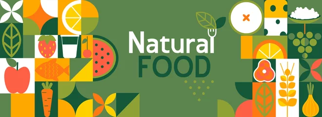 Fotobehang Natural food banner in flat style. Fruits and vegetables in simple geometric shapes.Great for flyer, web poster, natural products presentation templates, cover design. Vector illustration. © tandav