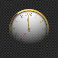 Fototapeta na wymiar Gold shiny New Year transparent banner with blurred round clock. Vector