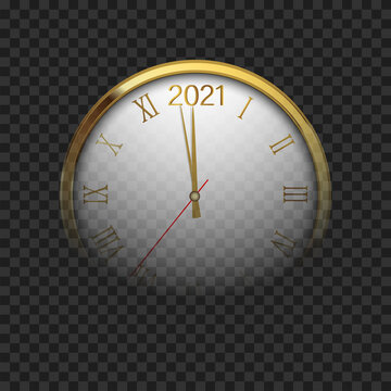 Gold shiny New Year transparent banner with blurred round clock. Vector