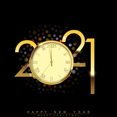 Happy New Year 2021 with golden shiny watch. Vector