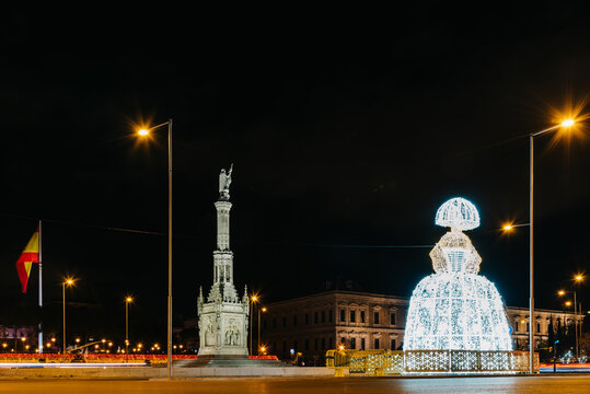Square of Colon in Madrid with Menina of Velazquez figure lluminated at Christmas