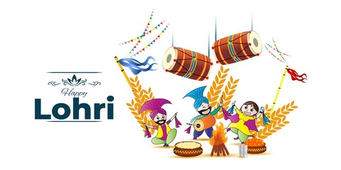 Vector illustration of Happy Lohri banner, celebrating people with drum, bonfire and sweets, Indian Punjabi festival, paper cut concept background.