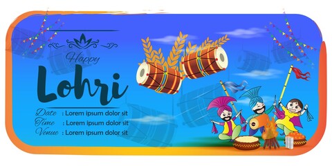 Vector illustration of Happy Lohri banner, celebrating people with drum, bonfire and sweets, Indian Punjabi festival, paper cut concept background.