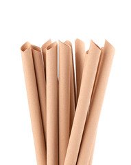Bamboo fibre straws, isolated on white background. Eco-friendly bamboo drinking straws, environmental consciousness concept. Close up.