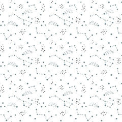 Scandinavian Seamless vector pattern for decoration, design. Astronomy different constellations on a white background. Zodiac sign of the bright stars with glowing lines and points. Star chart, map