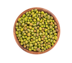 Mung beans in wooden bowl, isolated on white background. Vigna radiata. Top view.