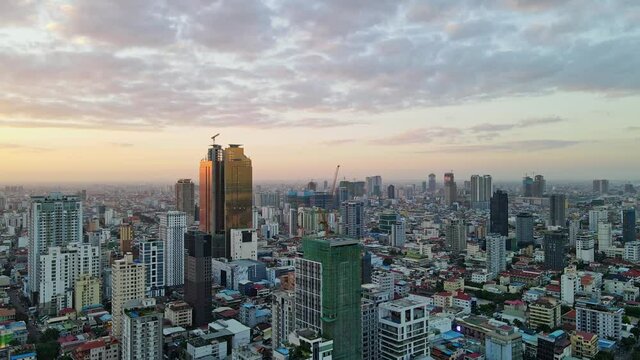 Aerial view of Financial District in Phnom Penh City during sunset.Cambodian banking buildings.
