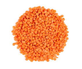 Red lentils isolated on white background. Top view.
