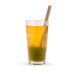 Yellow bubble tea with green tapioca pearls in glass beaker, isolated on white background.