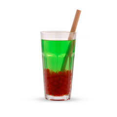 Green bubble tea with red tapioca pearls in glass beaker, isolated on white background.