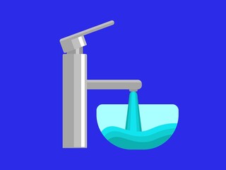 Open kitchen faucet with pouring water into bowl vector. Silver plumbing with blue liquid flowing out on transparent glass plate.