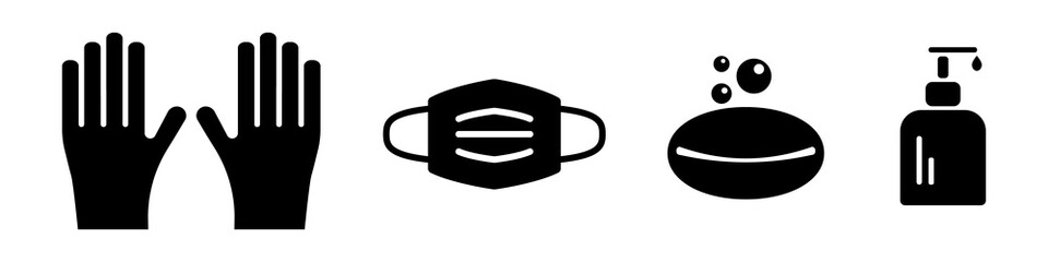 Obraz premium Pandemic prevention kit icon. Black bottle with liquid antibacterial gel sterile gloves protective mask and solid disinfectant vector soap.