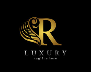Golden initial R letter luxury beauty flourishes ornament monogram logo