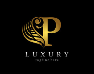 Golden initial P letter luxury beauty flourishes ornament monogram logo