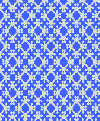 blue geometric pattern with white motifs
