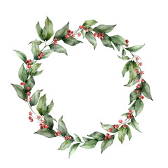 Fototapeta premium Watercolor Christmas circle wreath with branches and red berries. Hand painted holiday card with plants isolated on white background. Floral illustration for design, print, fabric or background.