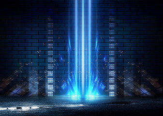 Dark brick wall, blue neon light. Rays and glare of light in the dark. Night view of a dark street, abstract projection on an empty wall.