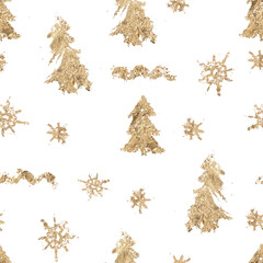 Watercolor Christmas seamless pattern of gold fir trees and decor. Hand painted abstract composition isolated on white background. Holiday minimalistic illustration for design, fabric or background.