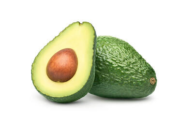 Avocado with cut in half isolated on white background. Clipping path.