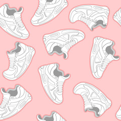 White Sports Sneakers Seamless Pattern Endless Vector Background Can Be Used For Wallpaper, Textile, Packaging, Cards, Covers.