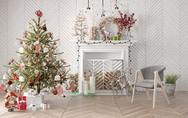 New year tree in classic dining living room interior. Christmas eve decoration