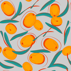 Sea Buckthorn Fruit Seamless Pattern Bright Berries Arranged Chaotically Endless Vector Background Can Be Used For Textile, Packaging, Wallpaper, Card, Cover, Web.