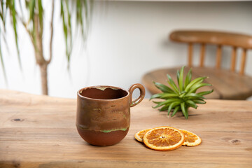 colorful coffee cup on wooden table