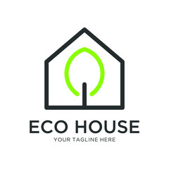 Illustration green leaf with house sign logo design template