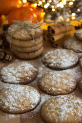 Homemade butter cookies on a table. Top view photo of fresh baked biscuits. Christmas menu ideas.
