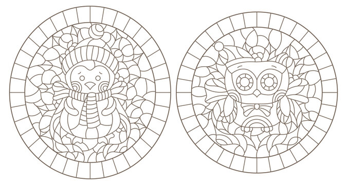 Set of contour illustrations of stained glass Windows with funny cartoon owle, penguin  and Holly,  dark contours on a white background, round images