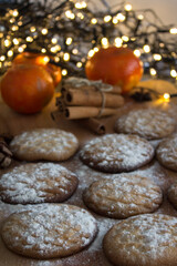 Sweet biscuits on a table. Christmas menu ideas. Top view photo of homemade bakery. 
