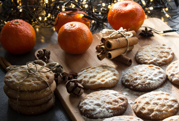 Sweet biscuits on a table. Christmas menu ideas. Top view photo of homemade bakery. 

