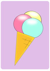  sweet ice cream in a cone with different delicious balls