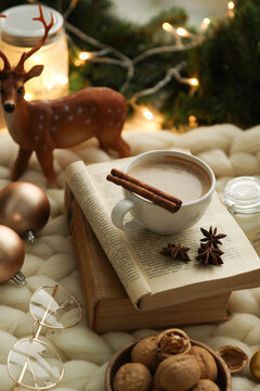 Christmas and new year. Winter evening at the window. ?ocoa in the cup, books, nuts, Christmas tree, deer, glasses on a blanket. Huge. Background image, ?opy space, vertical