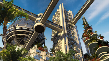3D Futuristic City Skyline - obrazy, fototapety, plakaty