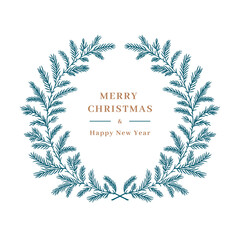 Christmas card, Winter wreath christmas tree branch, Christmas wreath. Elegant frame for greeting card, invitation or wedding decor, pine tree floral wreath. Vector isolated illustration