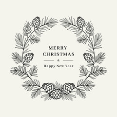 Merry Christmas card, Winter wreath Pine tree branch with cones, Floral wreath. Merry Christmas and Happy New Year greeting. Vector isolated illustration © Decobrush