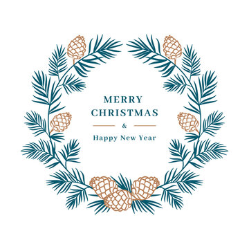 Christmas card, Winter wreath Spruce branch with cones. Merry Christmas and Happy New Year greeting. Floral wreath, wedding card designs trees. Vector illustration