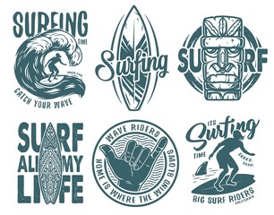 Summer surfing print set with surfer on wave, shaka, tiki mask and surfboard. Vector t-shirt hawaii apparel design