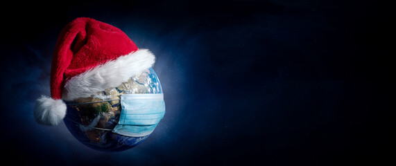 Earth With Surgical Mask and Santa Hat BANNER - Virus Infection Covid 19 - World with Coronavirus - Christmas Concept 3D Illustration
